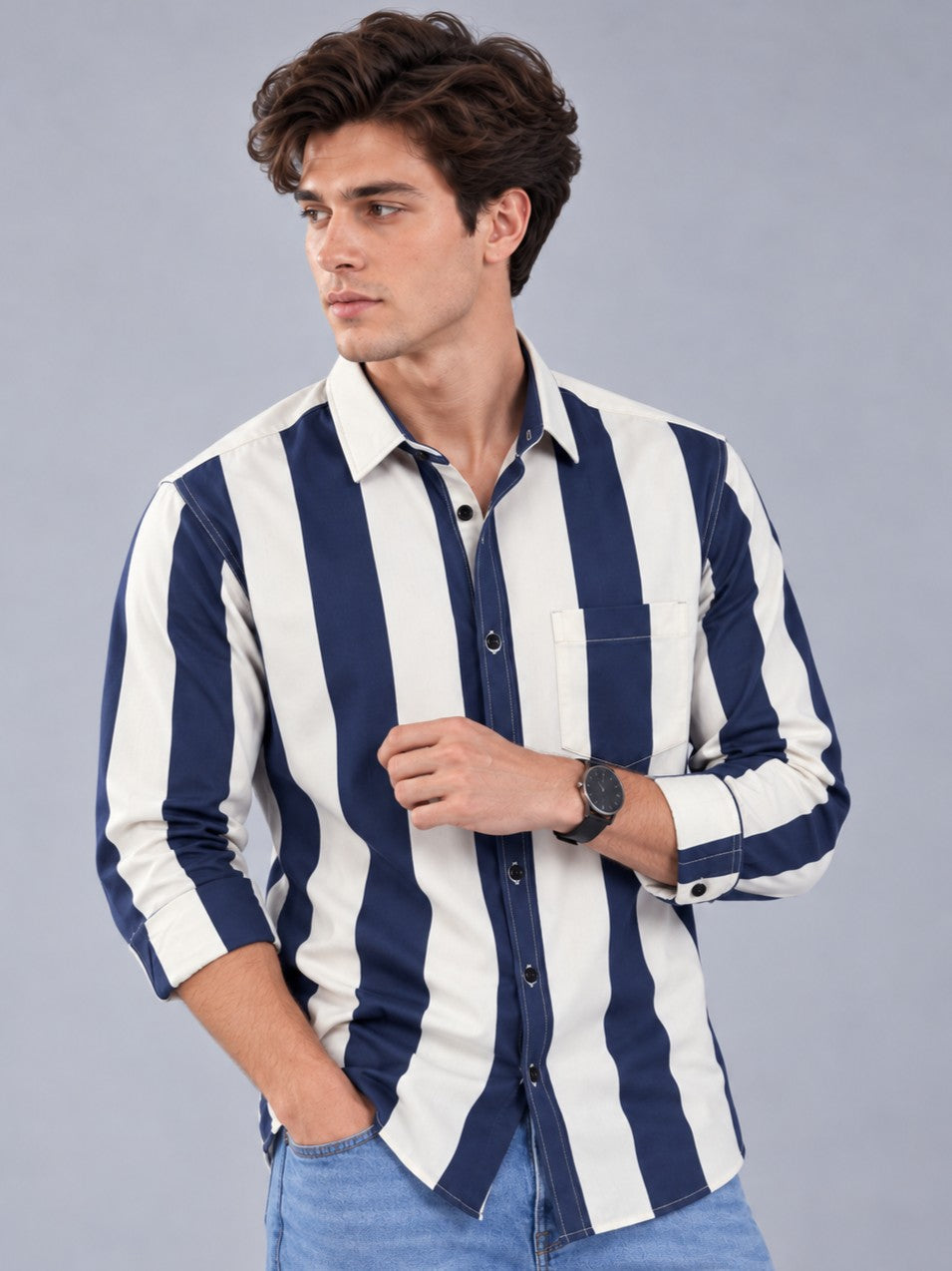 Men Navy Striped Regular Fit Formal, Casual Wear Shirt