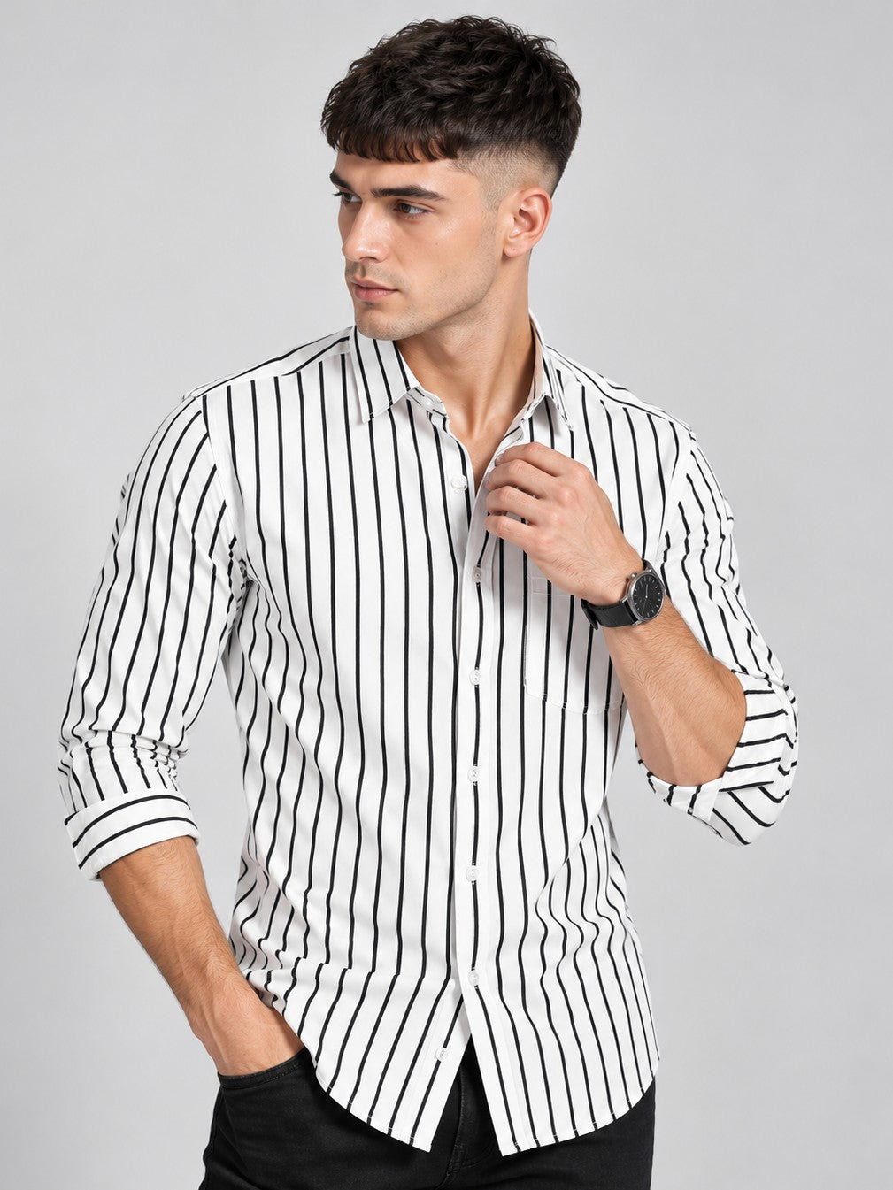 Men Classic White Striped Formal, Casual Wear Shirt