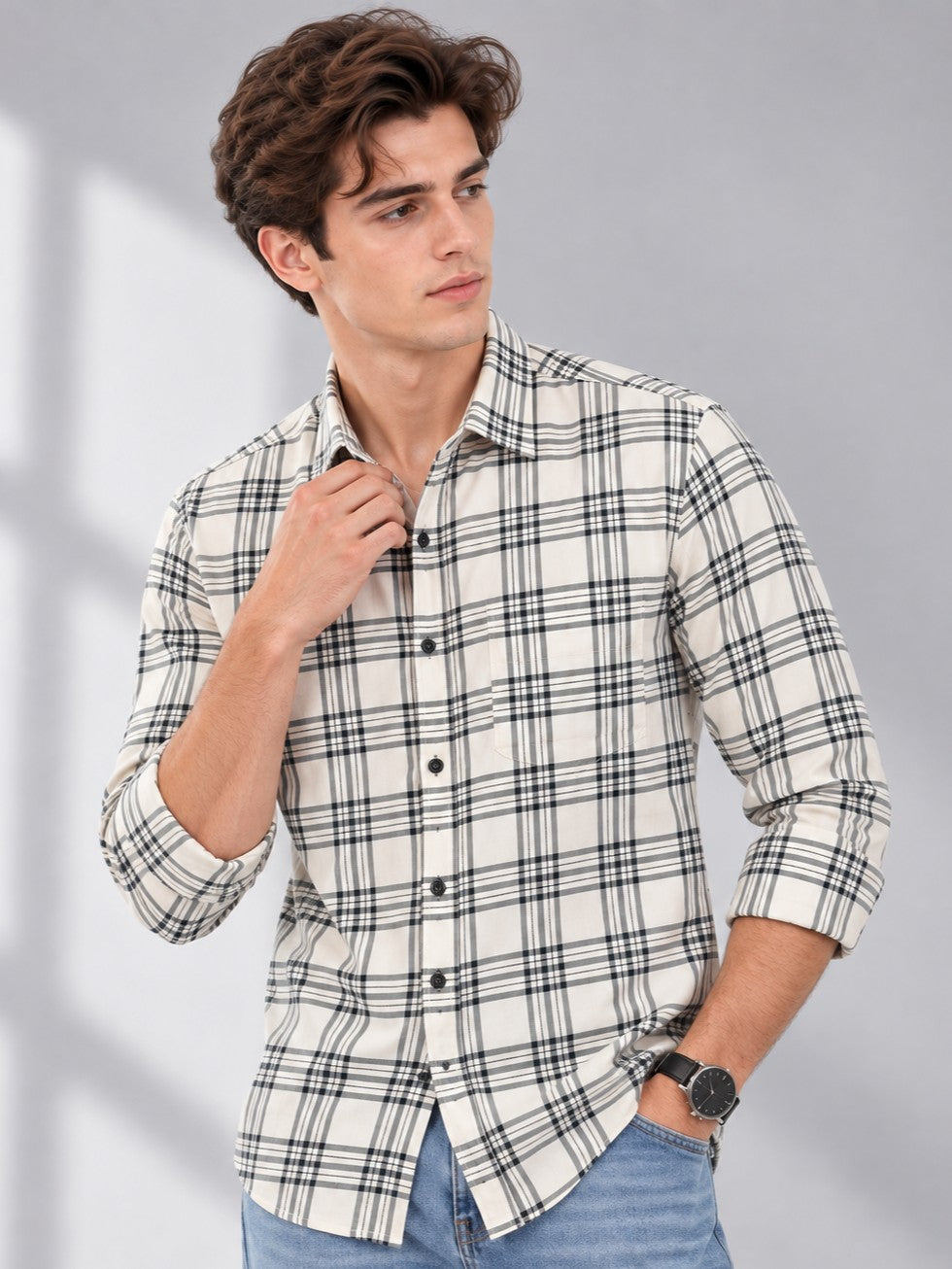 Men's Cream Checked Casual and Formal Shirt