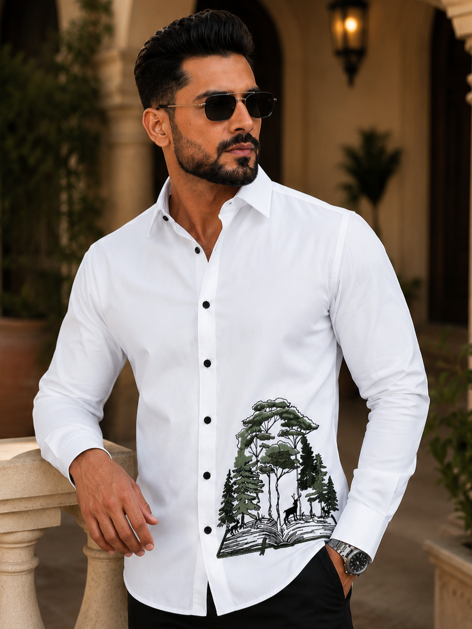 WHITE EMBROIDERED DESIGNER SATIN COTTON SHIRT MEN'S