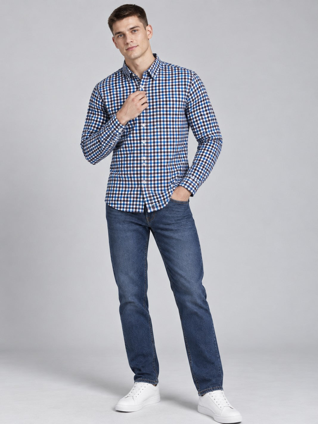 Men Premium Navy Blue Regular Fit Checked Formal, Casual Shirt
