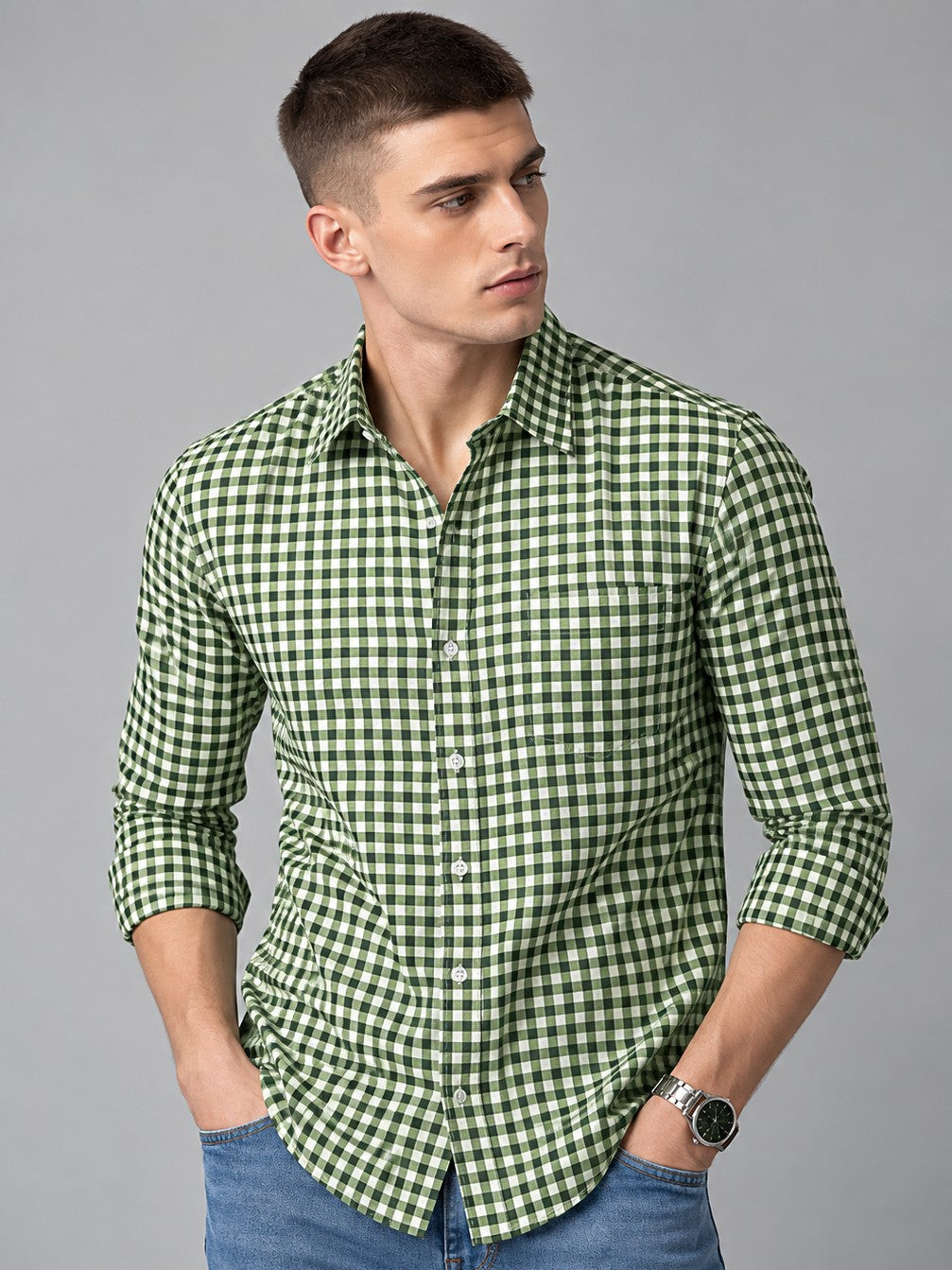 Men Premium Green Regular Fit Checked Formal, Casual Shirt