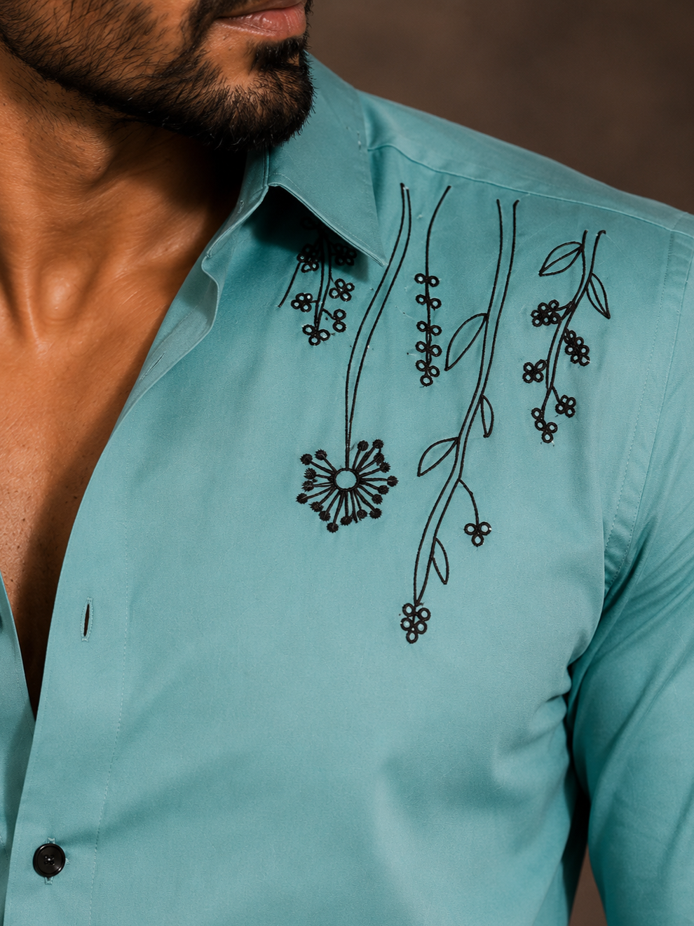 CYAN EMBROIDERED DESIGNER SATIN COTTON SHIRT MEN'S