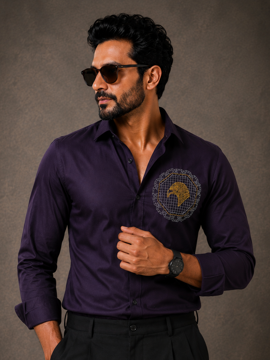 DARK PURPLE EMBROIDERED DESIGNER SATIN COTTON SHIRT MEN'S