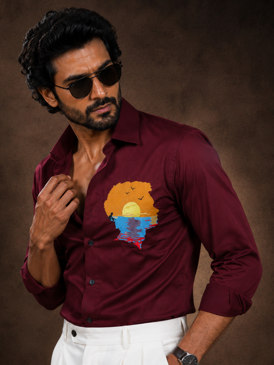 MAROON EMBROIDERED DESIGNER SATIN COTTON SHIRT MEN'S