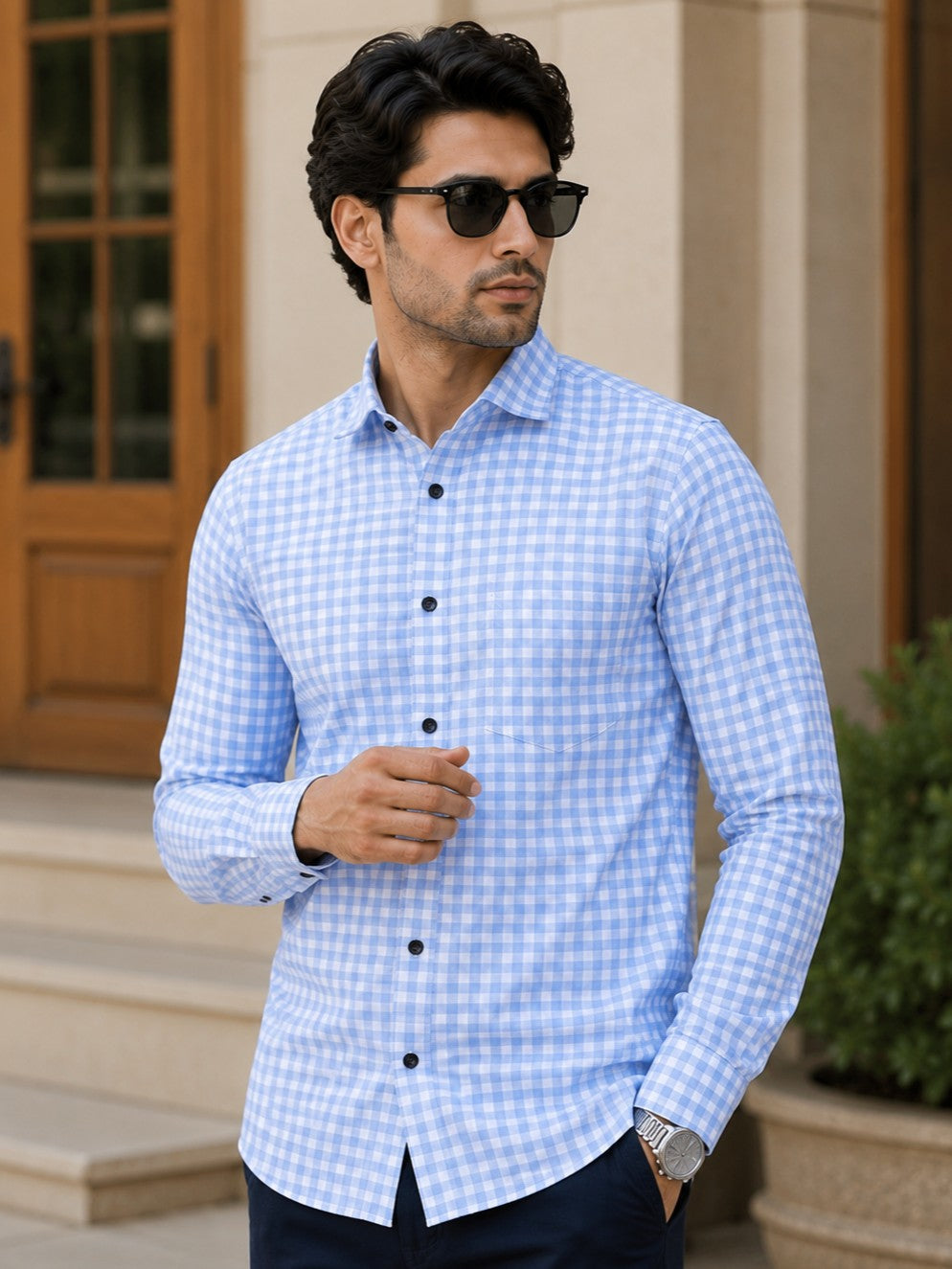 SKY CHECKERED PRINTED COTTON CASUAL SHIRT FOR MEN'S