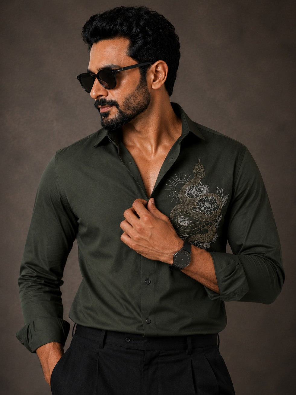 OLIVE EMBROIDERED DESIGNER SATIN COTTON SHIRT MEN'S