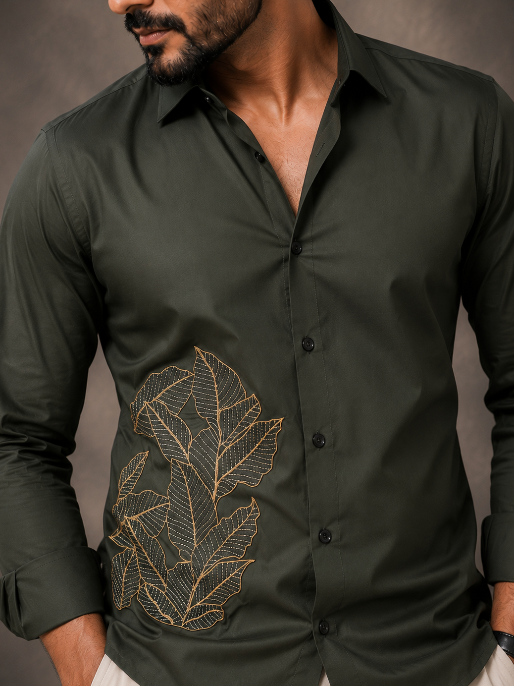 OLIVE EMBROIDERED DESIGNER SATIN COTTON SHIRT MEN'S