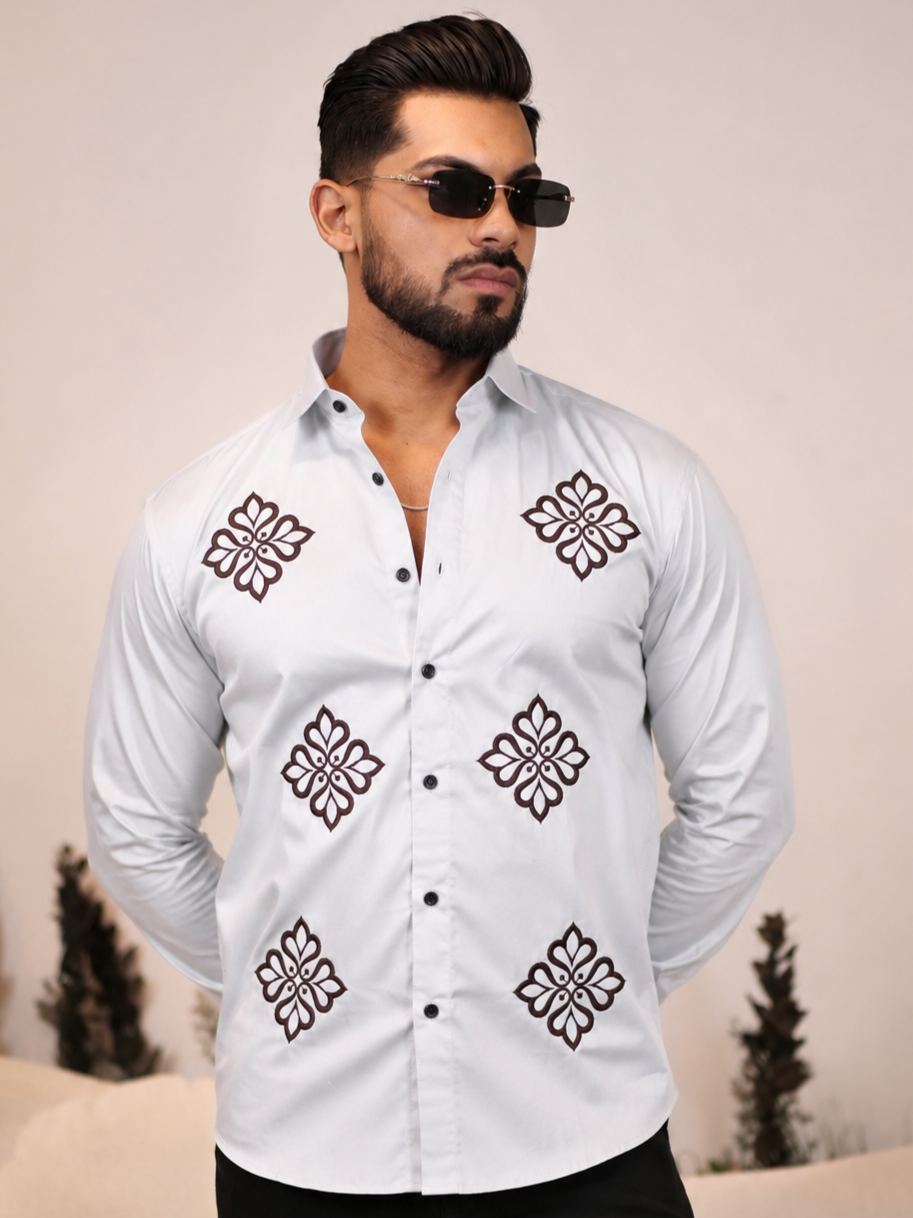 GREY EMBROIDERED DESIGNER SATIN COTTON SHIRT MEN'S