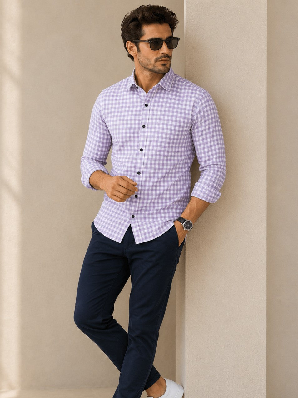 PURPLE CHECKERED PRINTED COTTON CASUAL SHIRT FOR MEN'S