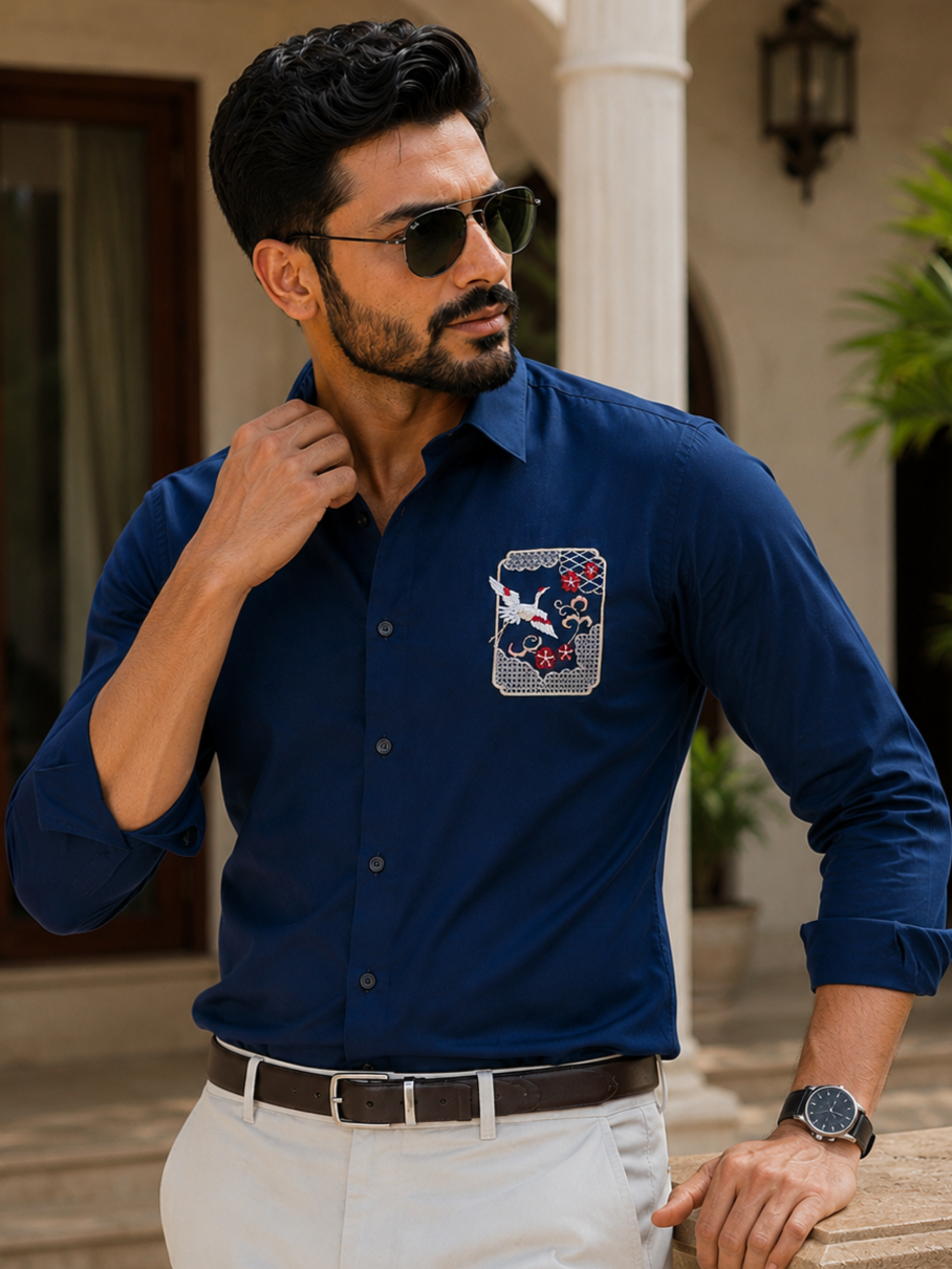 NAVY BLUE EMBROIDERED DESIGNER SATIN COTTON SHIRT MEN'S
