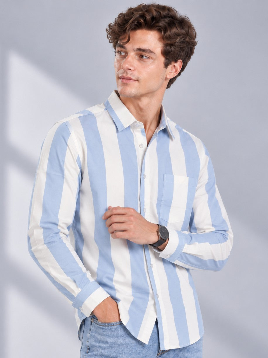 Men Sky Blue Striped Regular Fit Formal, Casual Wear Shirt
