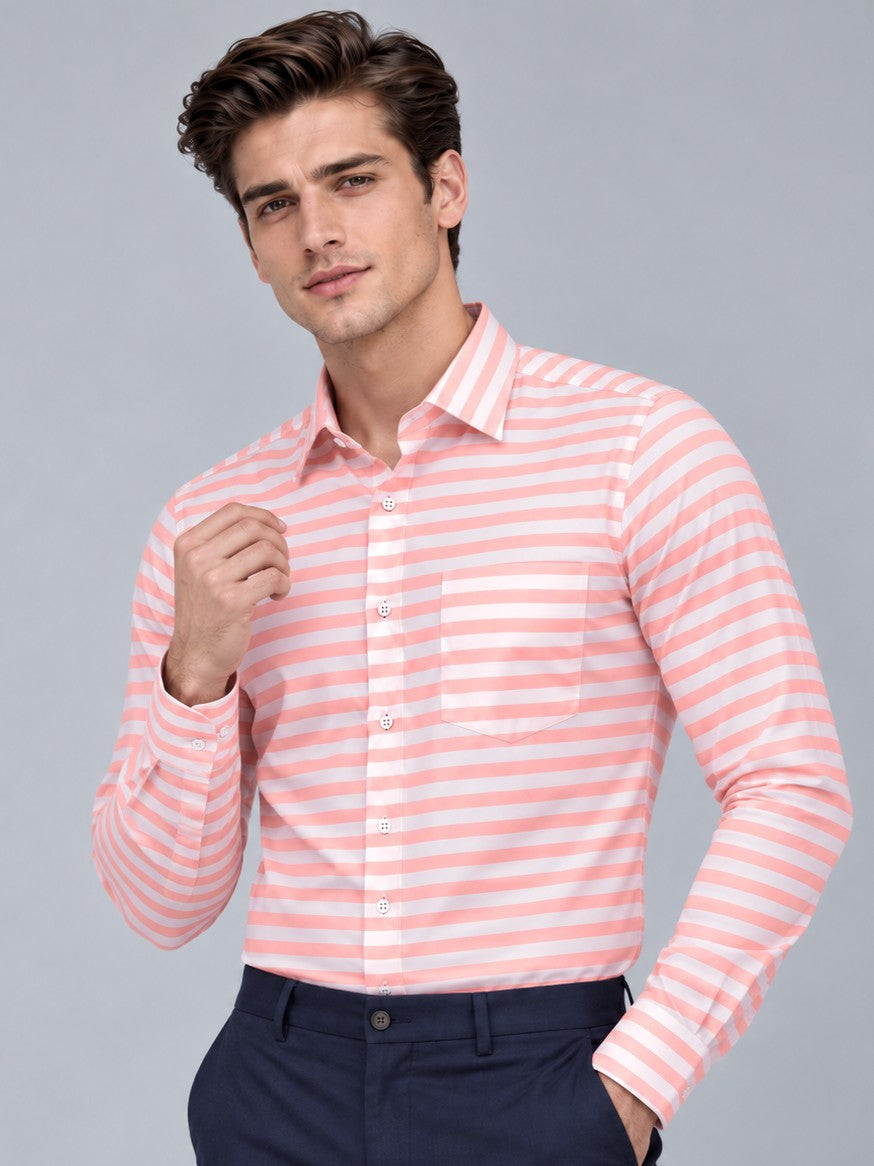 Men Classic Pink Horizontal Stripes Striped Formal, Casual Shirt