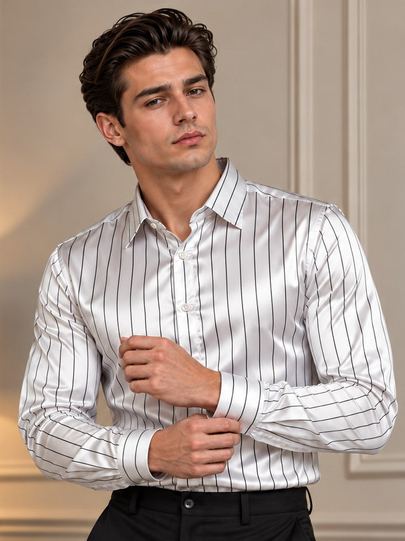 Men White Formal and Party Striped Shirt
