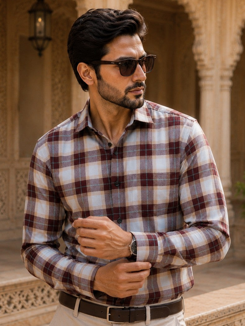 SQUARE WINE CHECKED COTTON CASUAL SHIRT FOR MEN'S