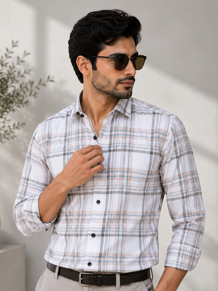 BOX BROWN CHECKED COTTON CASUAL SHIRT FOR MEN'S