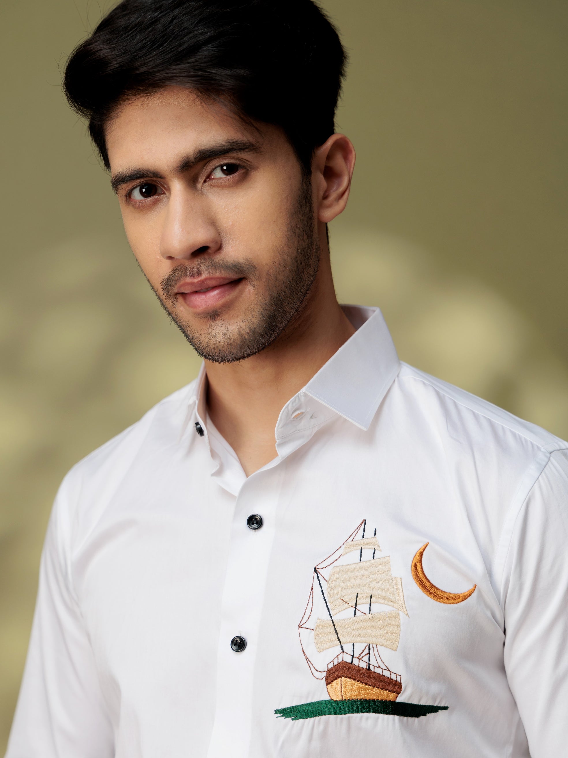 FOOMER WHITE BOAT EMBROIDERED DESIGNER WEAR SATIN COTTON SHIRT FOR MEN