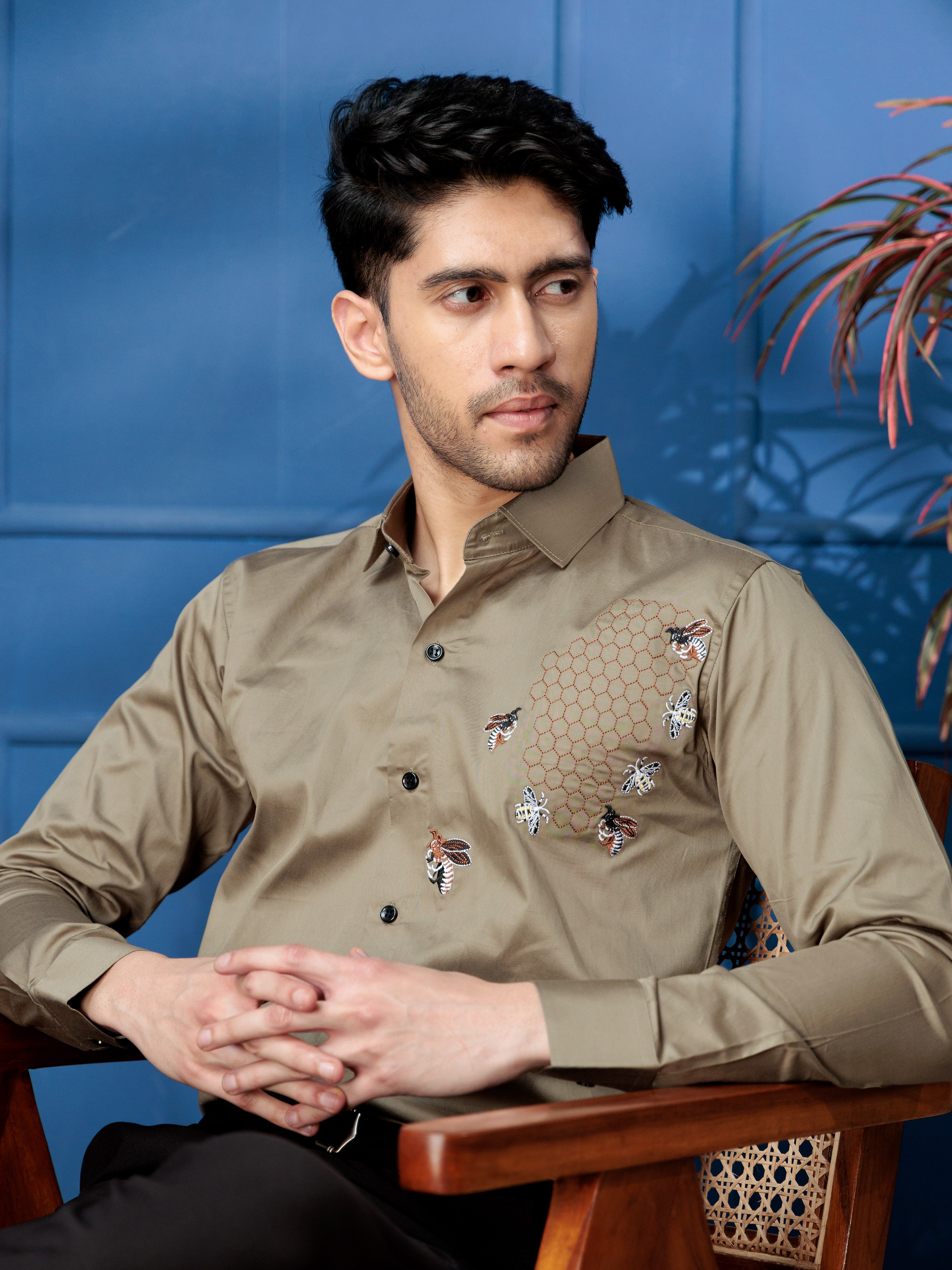 FOOMER GREEN HONEY BEES EMBROIDERED CLUB WEAR SATIN COTTON SHIRT