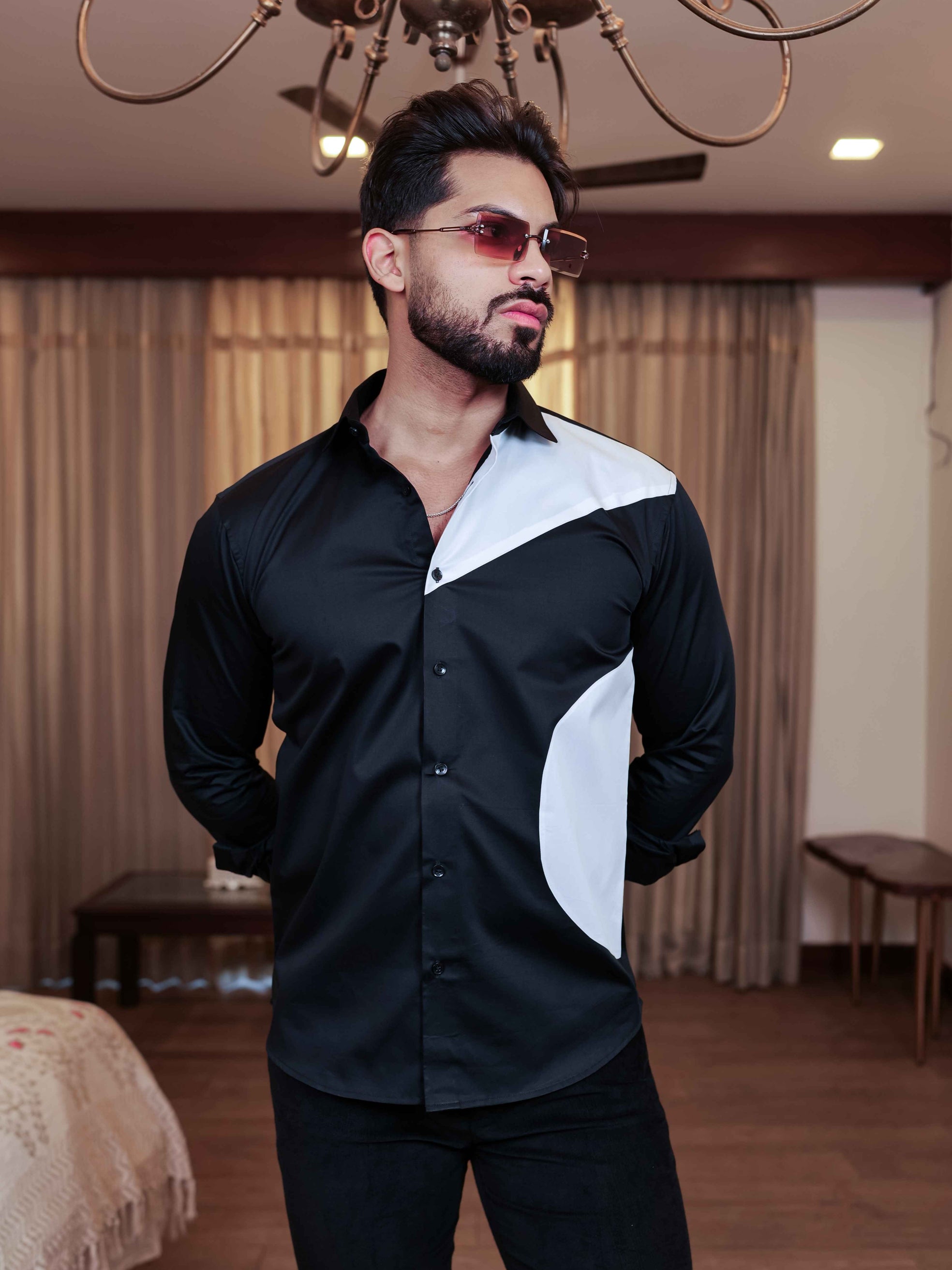 FOOMER BLACK AND WHITE CUT N SEW DESIGNER SHIRT FOR MEN'S