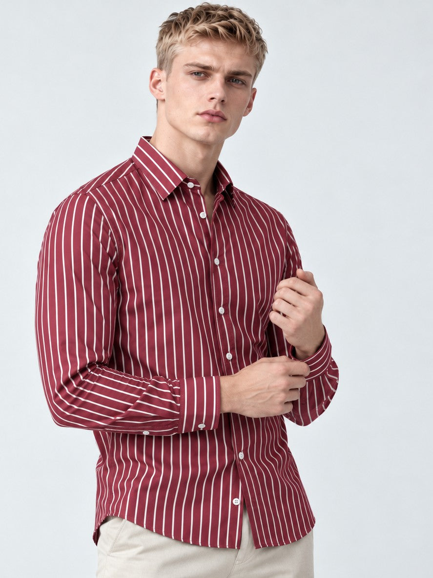 Men Classic Maroon Striped Formal, Casual Wear Shirt