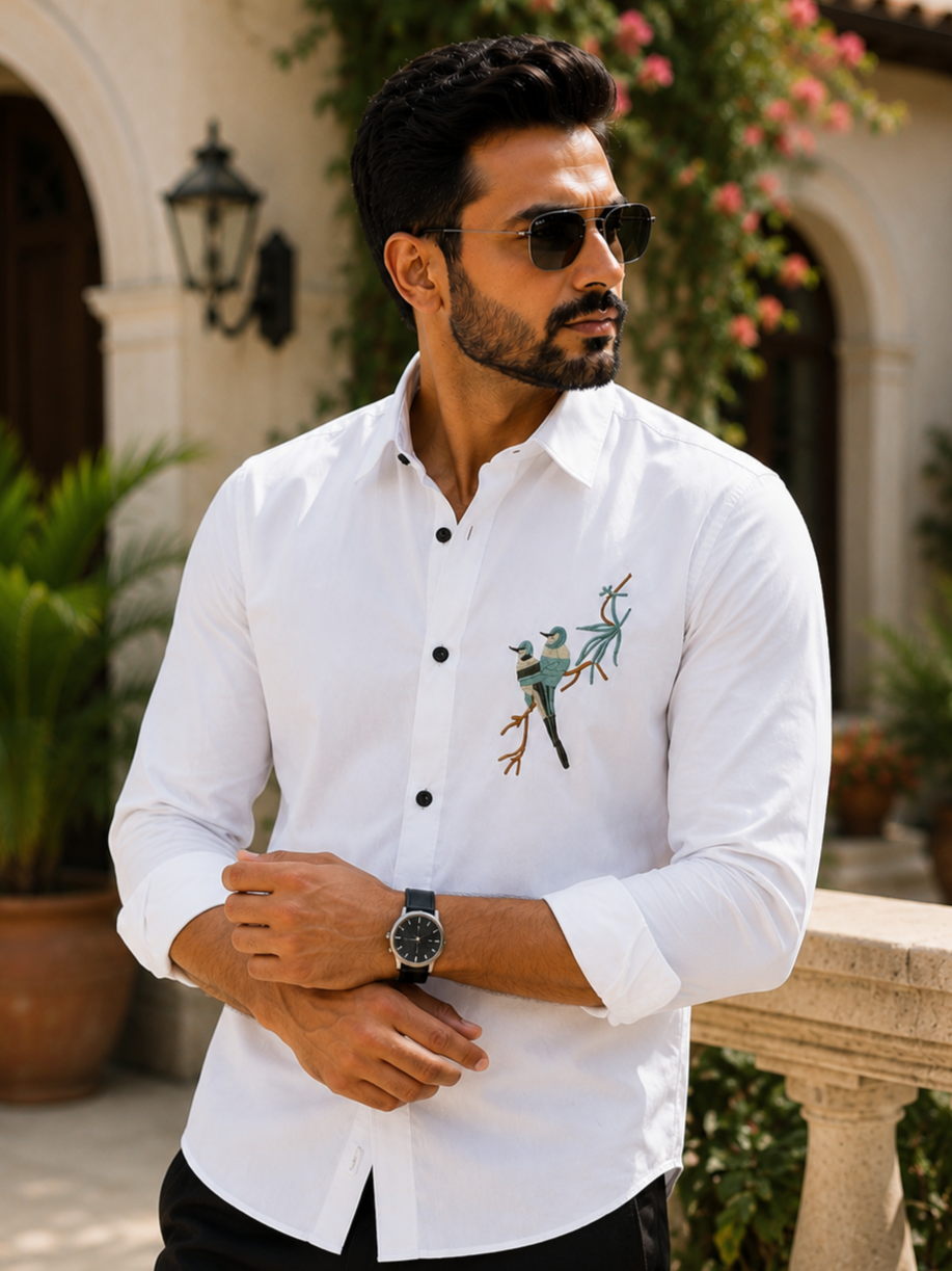WHITE EMBROIDERED DESIGNER SATIN COTTON SHIRT MEN'S