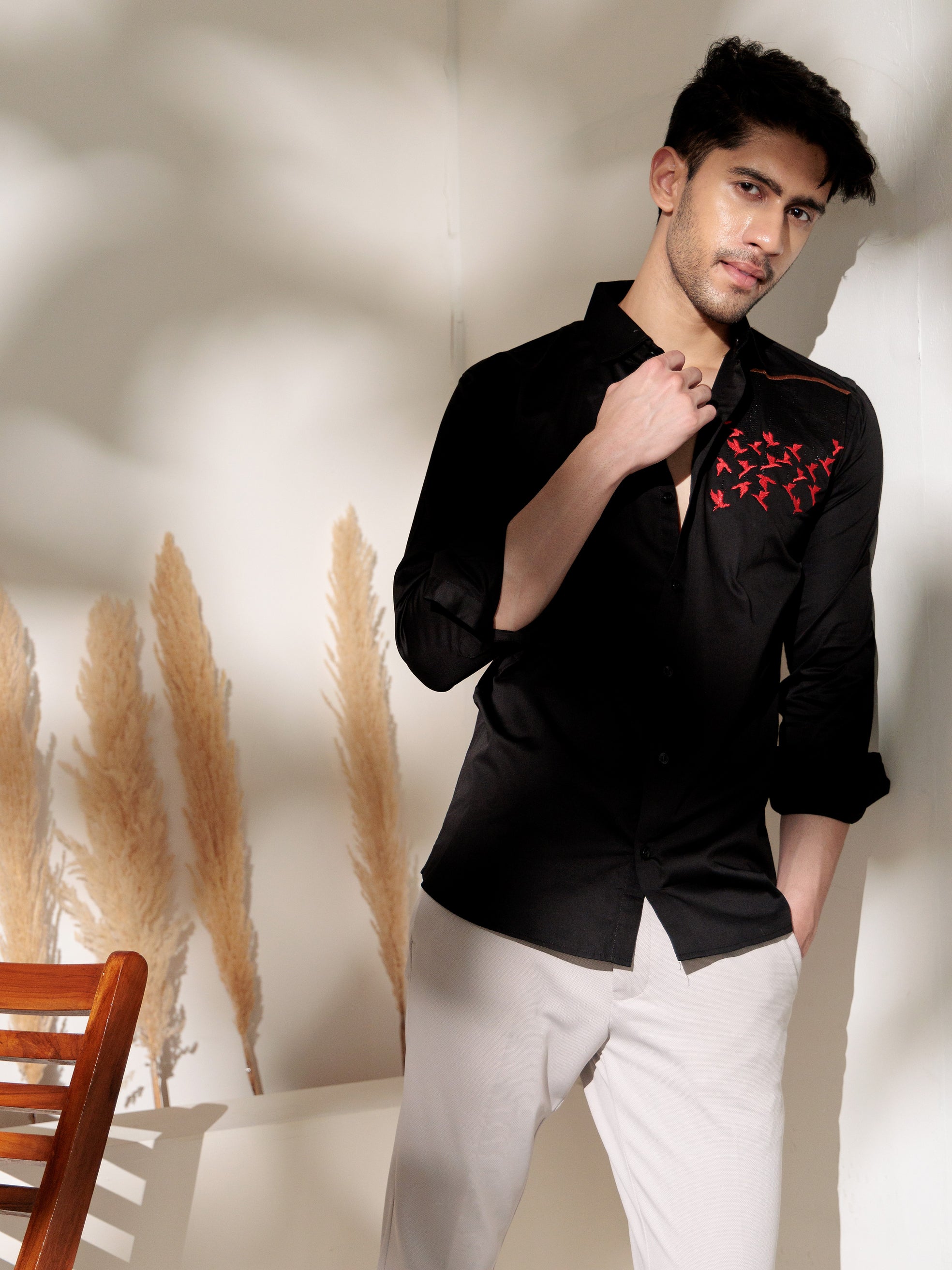 FOOMER BLACK EMBROIDERED DESIGNER WEAR SATIN COTTON SHIRT FOR MEN