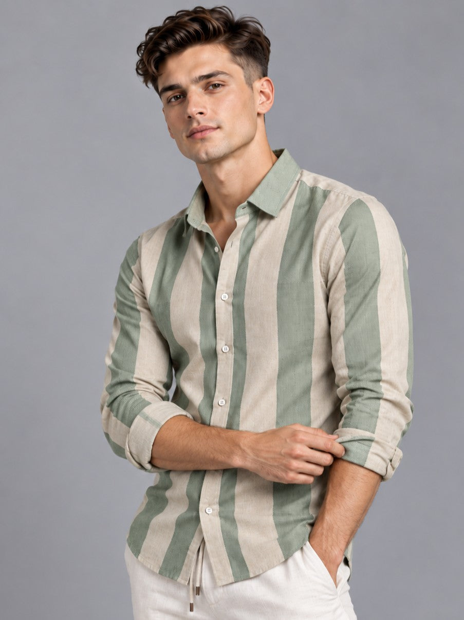 Men's Green Big Striped Formal, Casual Shirt