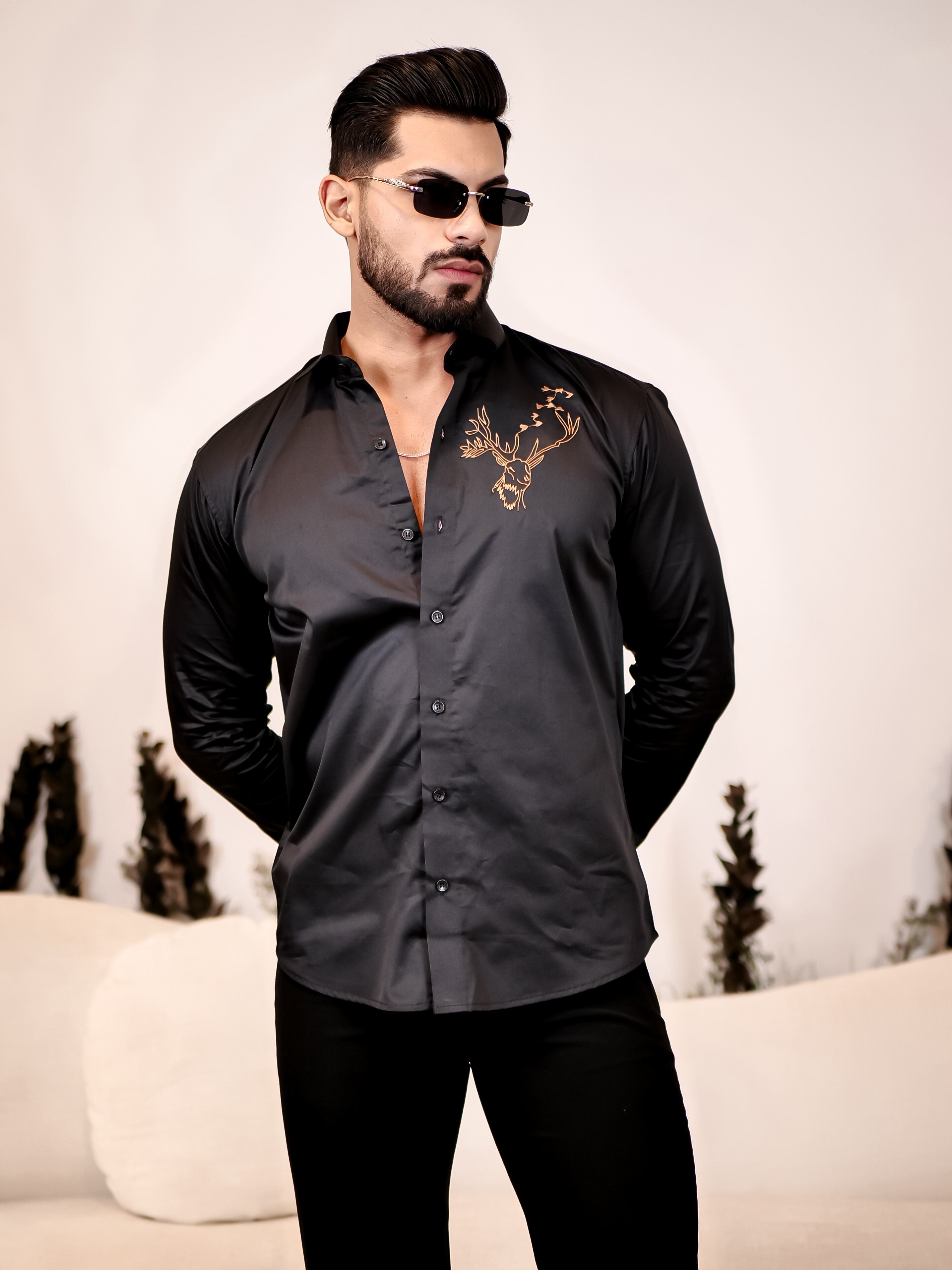 Reindeer Embroidered Black Luxury Cotton Shirt