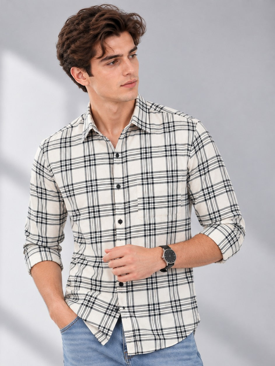 Men's Cream Checked Casual and Formal Shirt