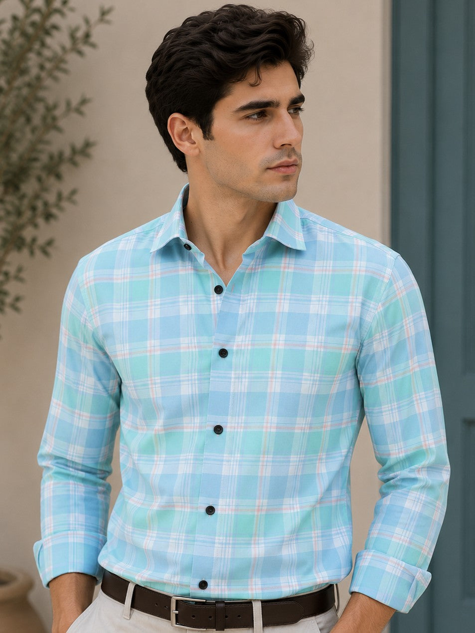 BOX CYAN CHECKED COTTON CASUAL SHIRT FOR MEN'S