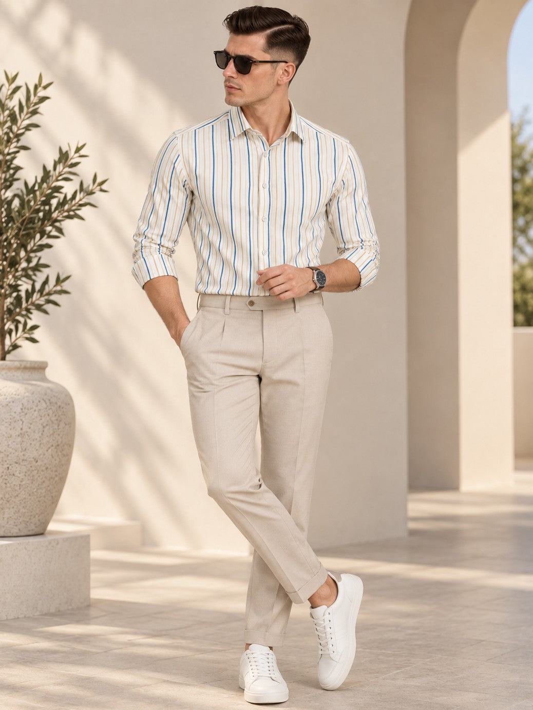 Men Classic Beige Striped Formal, Casual Wear Shirt