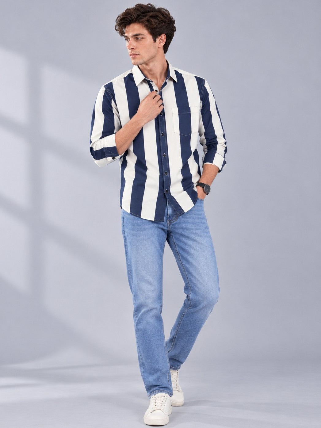 Men Navy Striped Regular Fit Formal, Casual Wear Shirt
