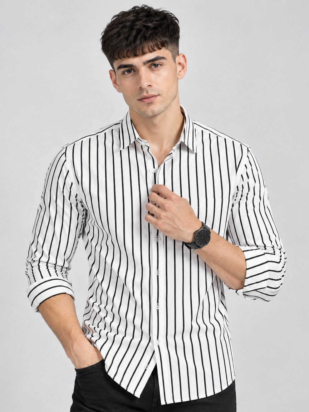 Men Classic White Striped Formal, Casual Wear Shirt