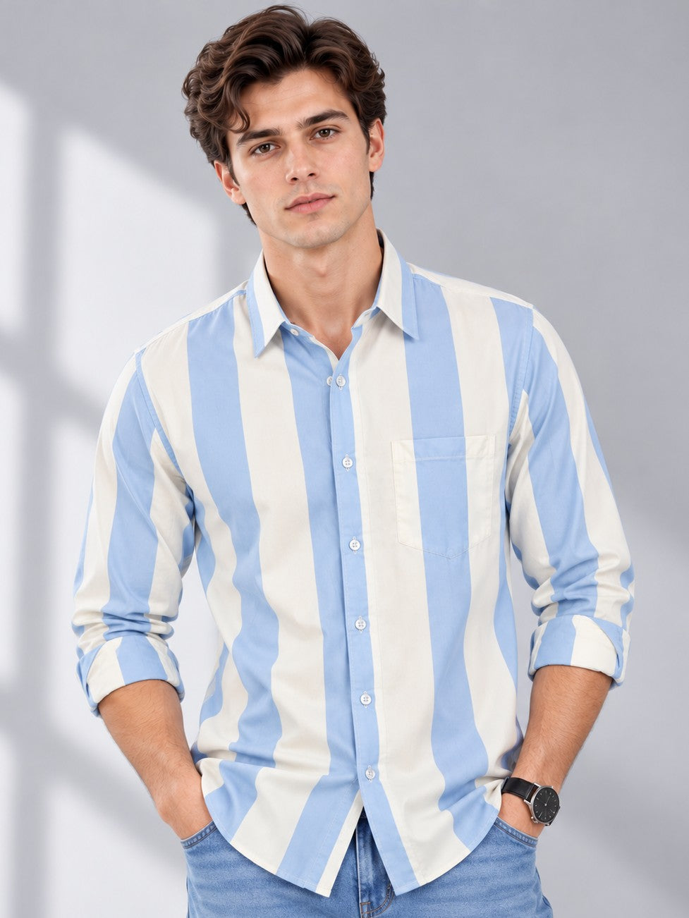 Men Sky Blue Striped Regular Fit Formal, Casual Wear Shirt