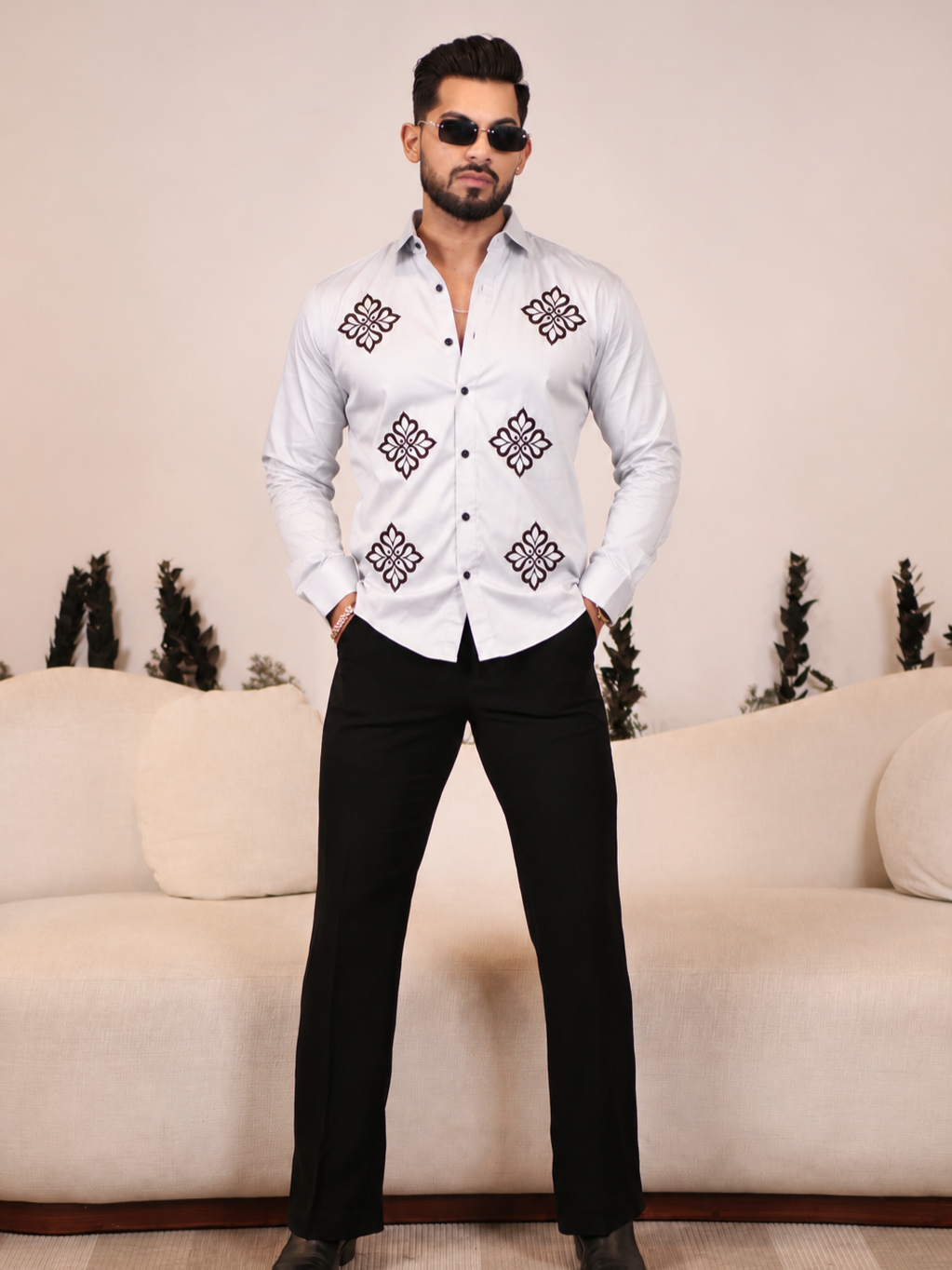 GREY EMBROIDERED DESIGNER SATIN COTTON SHIRT MEN'S
