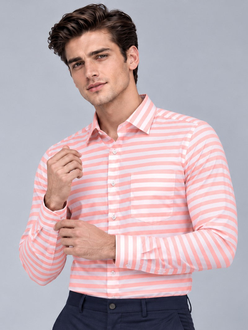 Men Classic Pink Horizontal Stripes Striped Formal, Casual Shirt