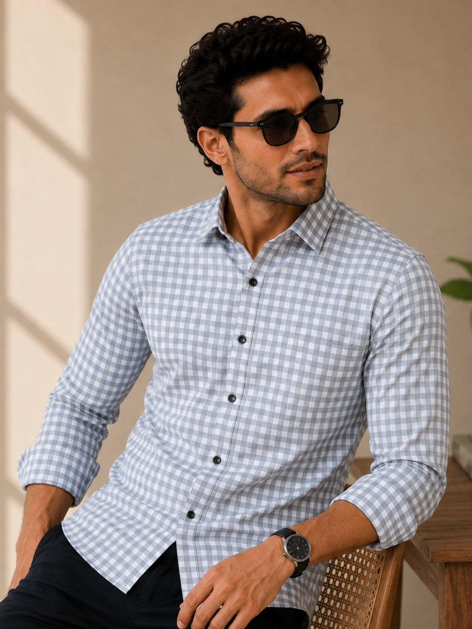 GREY CHECKERED PRINTED COTTON CASUAL SHIRT FOR MEN'S