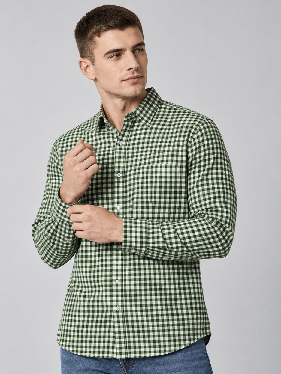 Men Premium Green Regular Fit Checked Formal, Casual Shirt