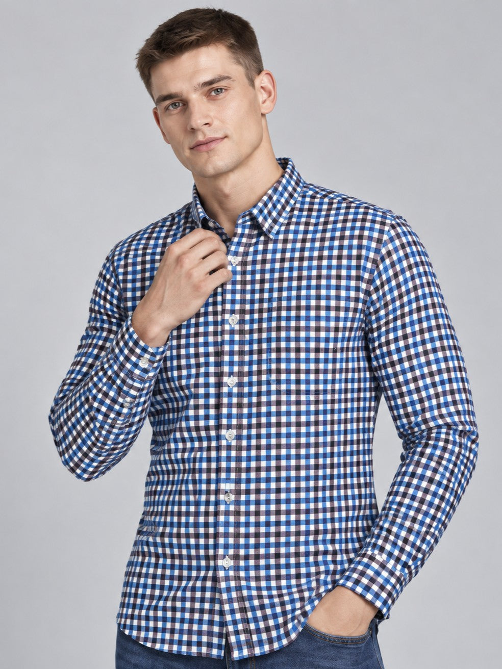 Men Premium Navy Blue Regular Fit Checked Formal, Casual Shirt