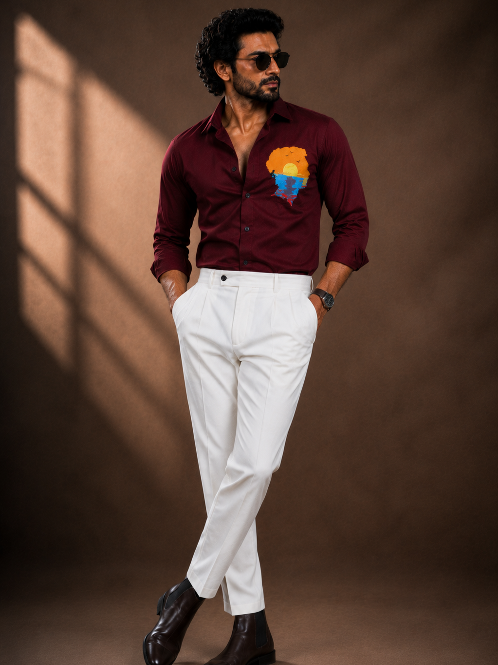 MAROON EMBROIDERED DESIGNER SATIN COTTON SHIRT MEN'S