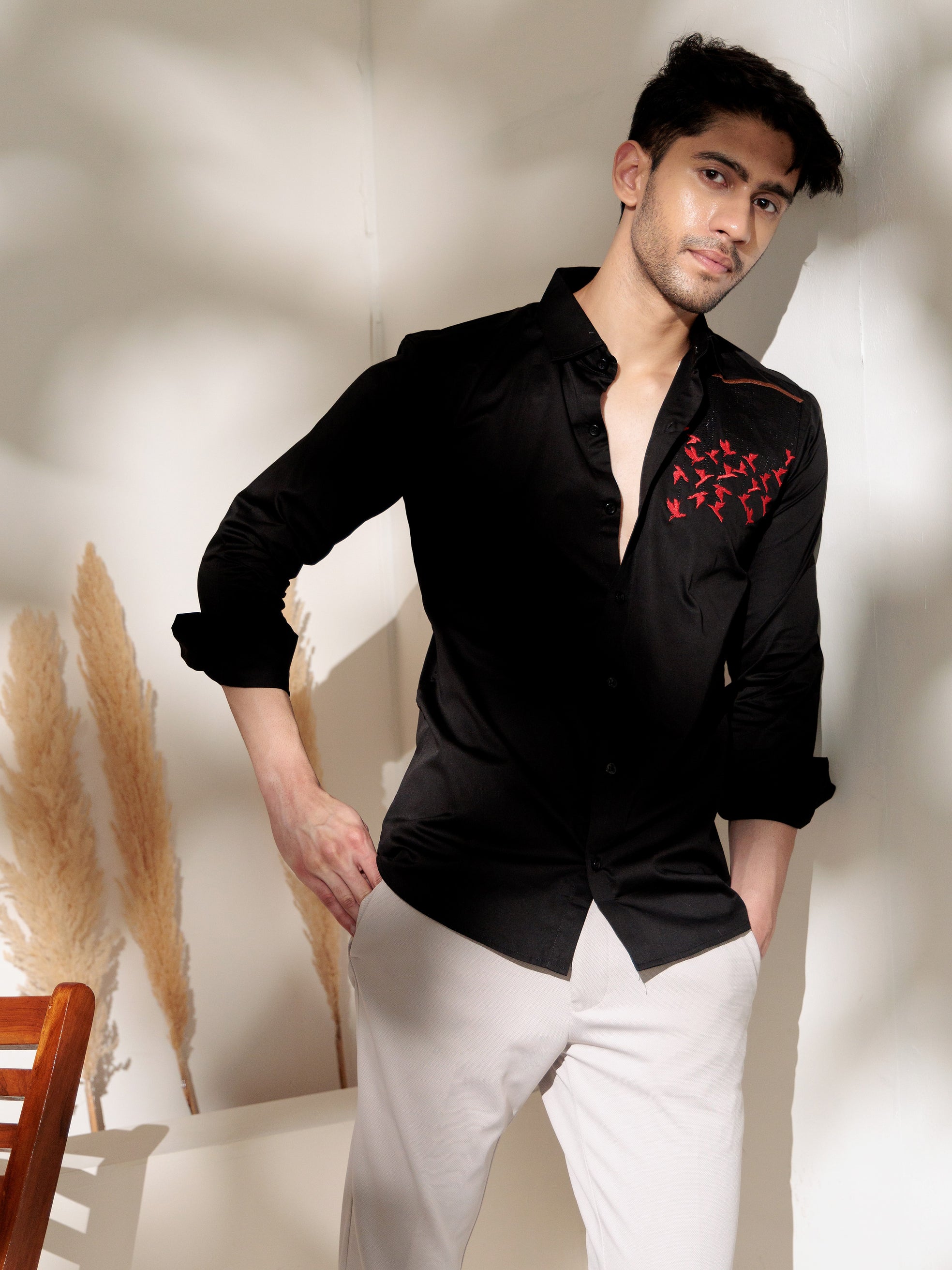 FOOMER BLACK EMBROIDERED DESIGNER WEAR SATIN COTTON SHIRT FOR MEN