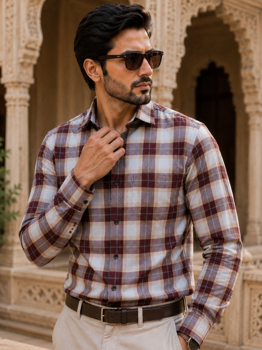 SQUARE WINE CHECKED COTTON CASUAL SHIRT FOR MEN'S