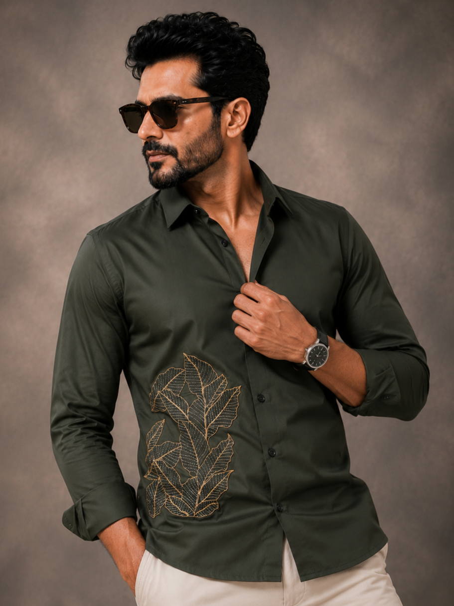 OLIVE EMBROIDERED DESIGNER SATIN COTTON SHIRT MEN'S