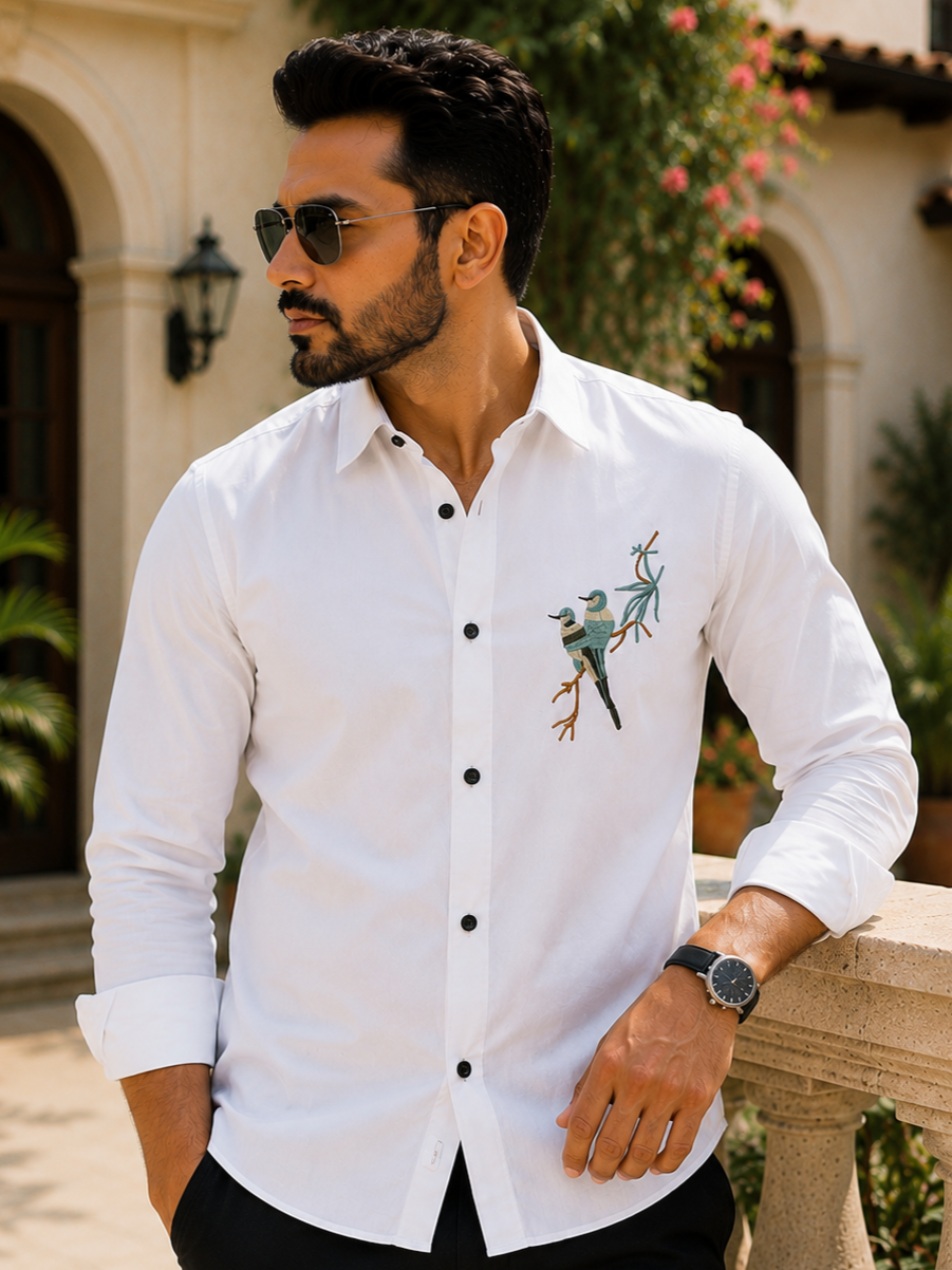 WHITE EMBROIDERED DESIGNER SATIN COTTON SHIRT MEN'S
