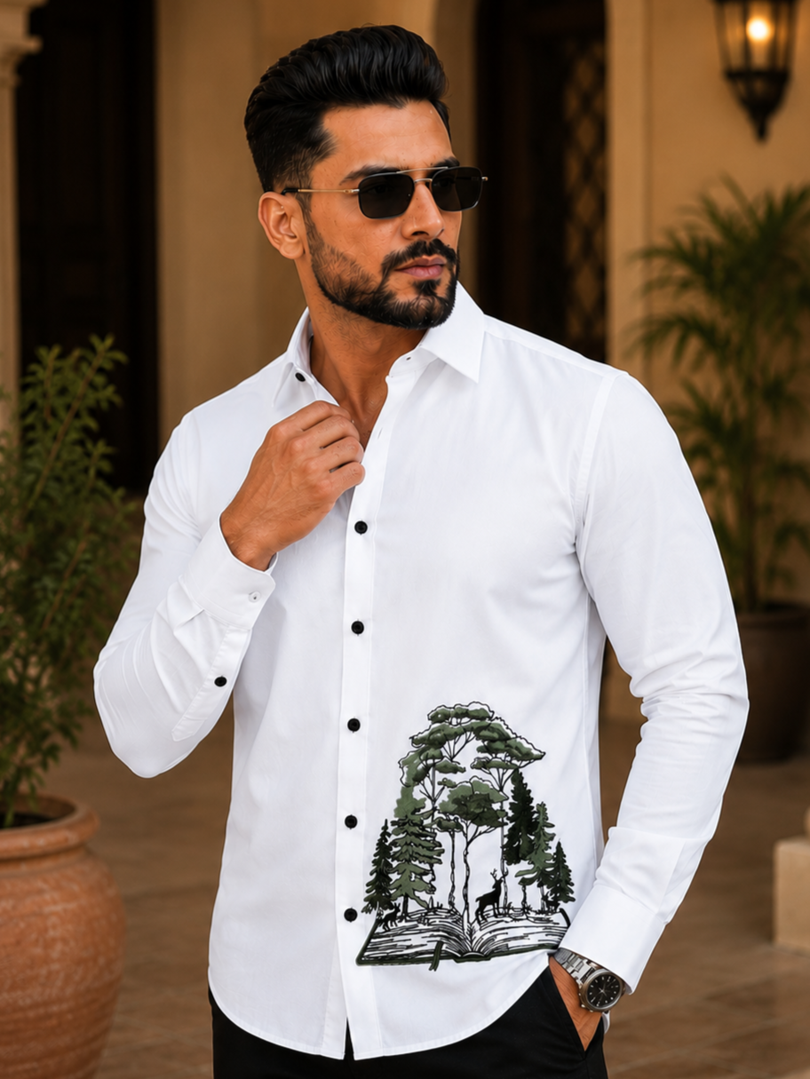 WHITE EMBROIDERED DESIGNER SATIN COTTON SHIRT MEN'S