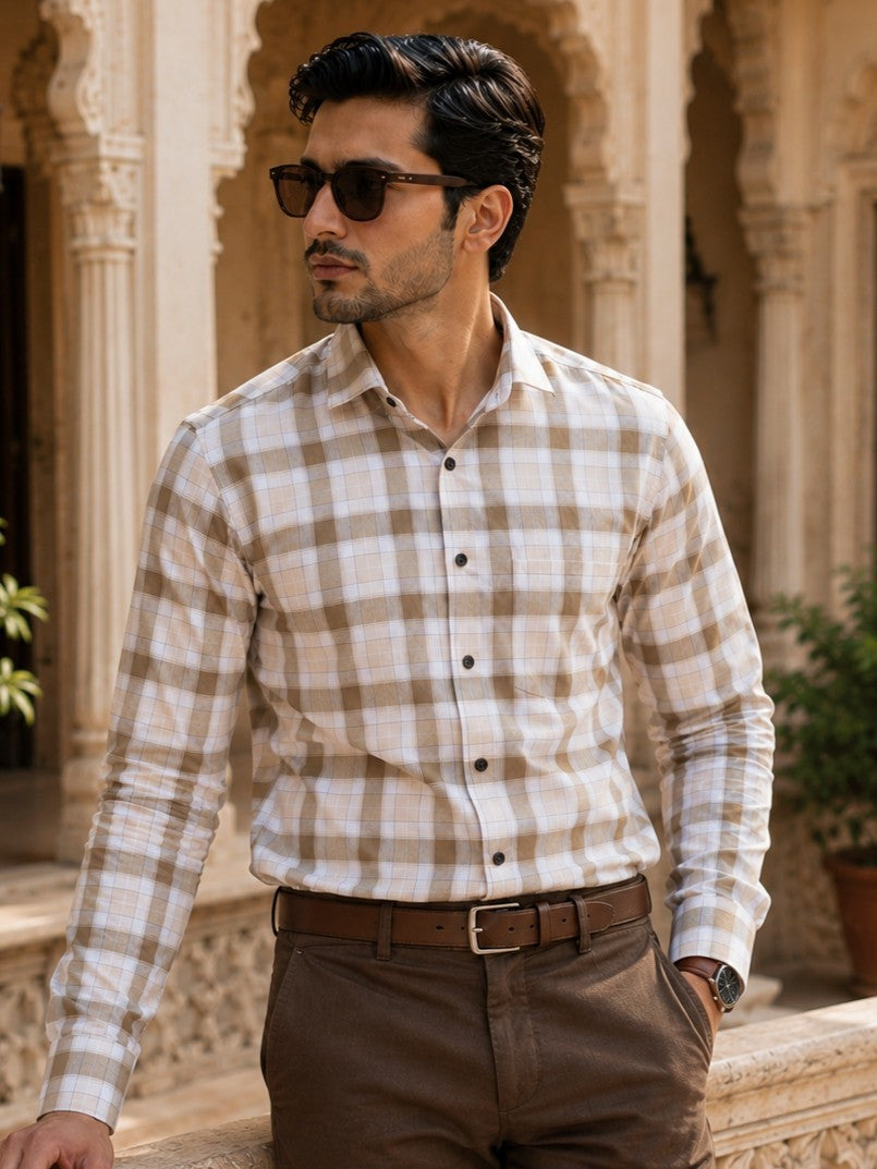 SQUARE WOOD CHECKED COTTON CASUAL SHIRT FOR MEN'S