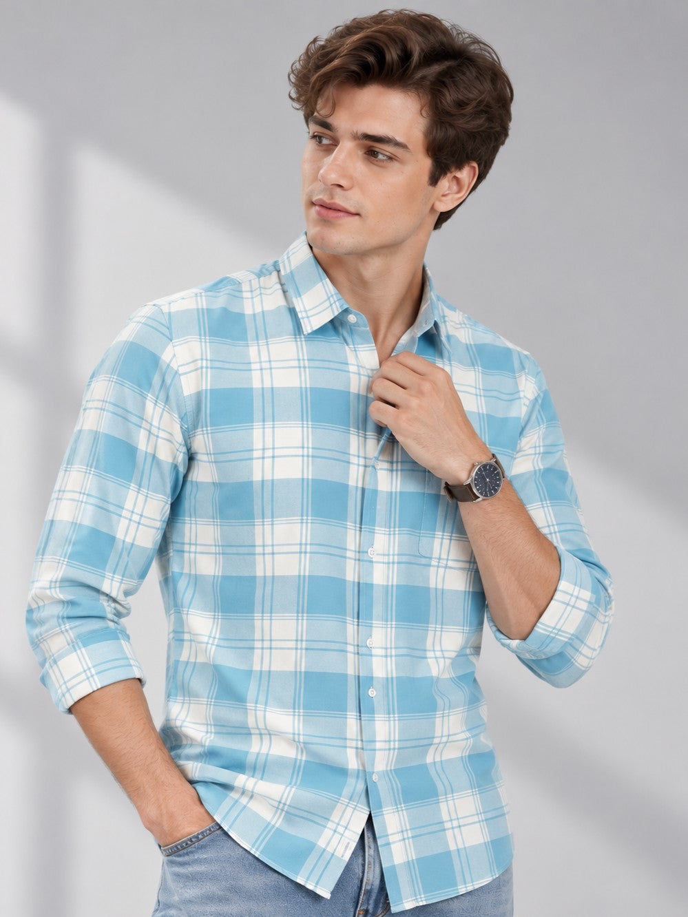 Men's Aqua Checked Casual and Formal Shirt