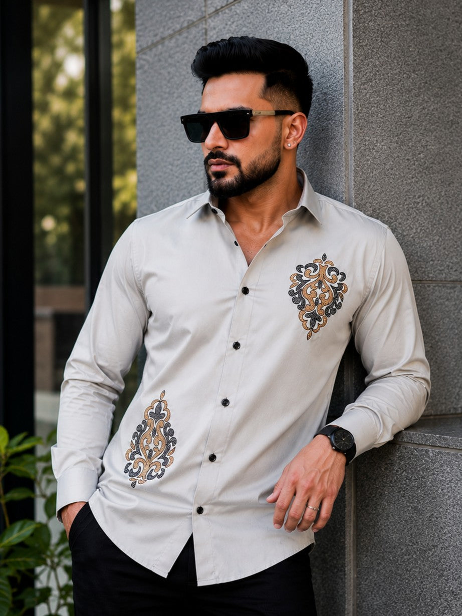 GREY TRADITIONAL EMBROIDERED DESIGNER SATIN COTTON SHIRT MEN'S