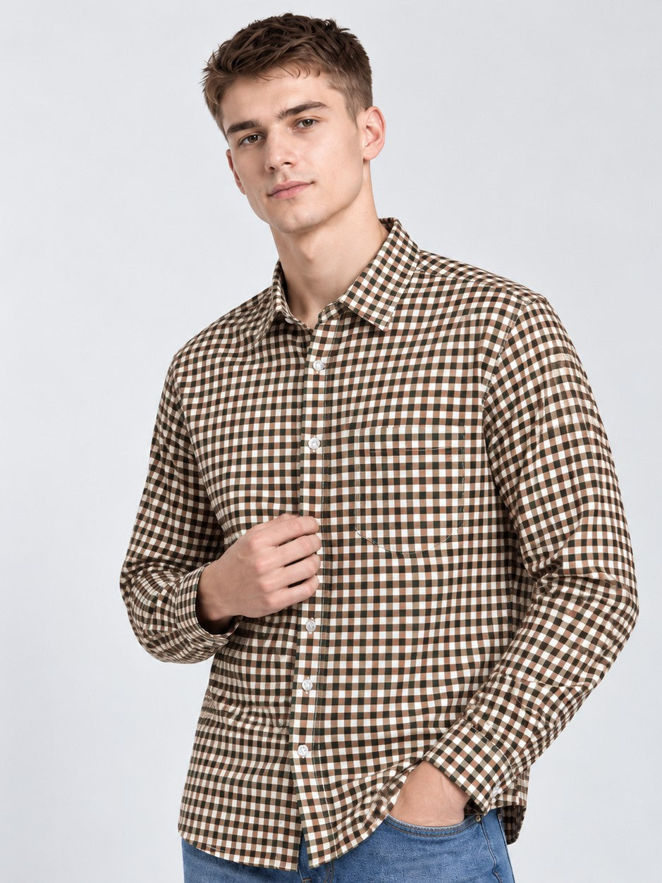 Men Premium Brown Regular Fit Checked Formal, Casual Shirt