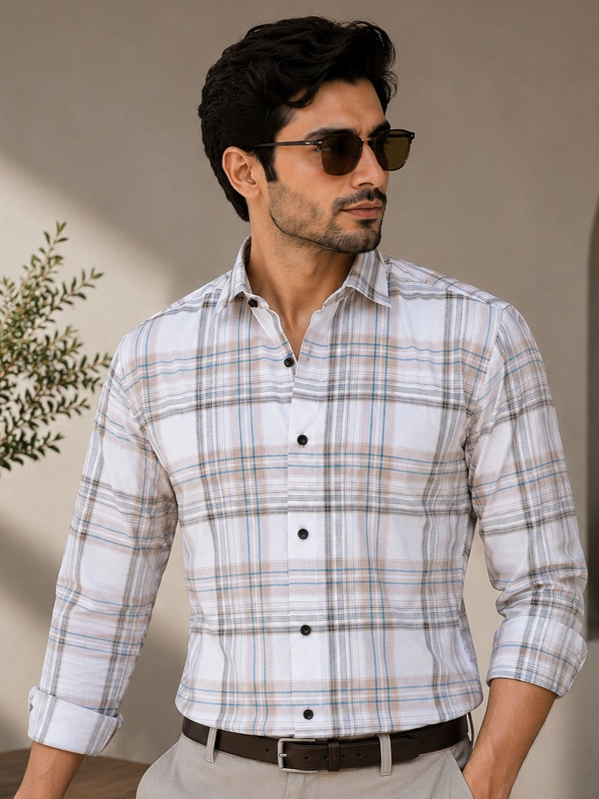 BOX BROWN CHECKED COTTON CASUAL SHIRT FOR MEN'S